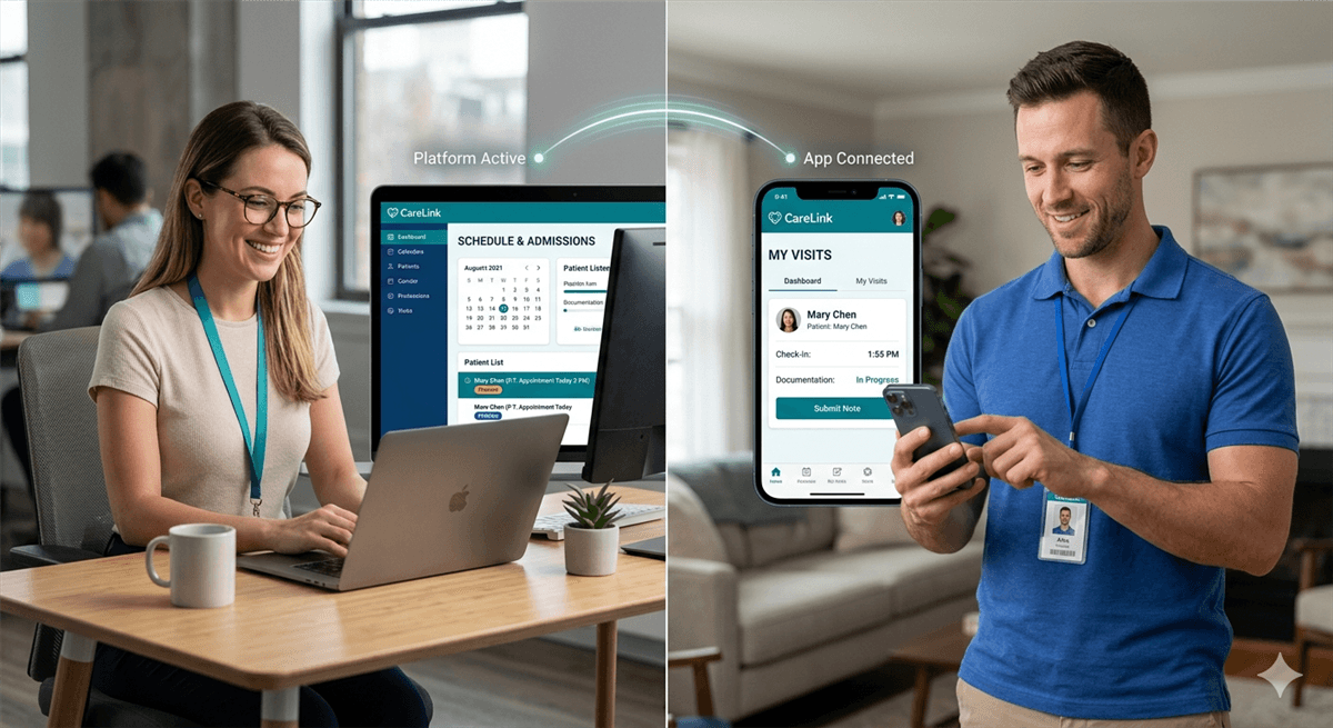 RehabTask platform showing agency scheduling and therapist mobile app